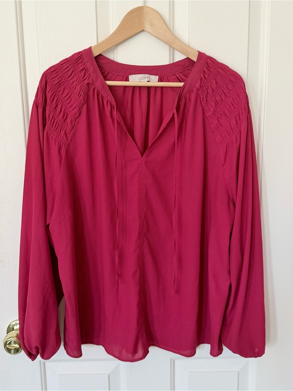 LOFT Raspberry Pink Smocked Shoulder Peasant Blouse